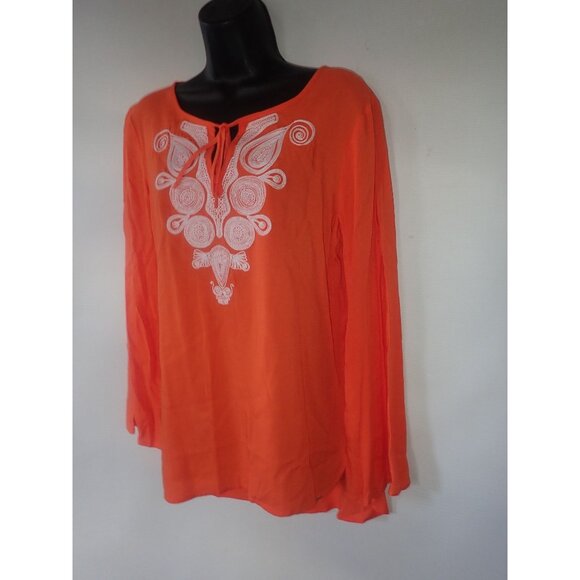 Melissa Page Womens M Embroidered Orange Boho Blouse Tie Neck & Long Sleeves New - Picture 2 of 6